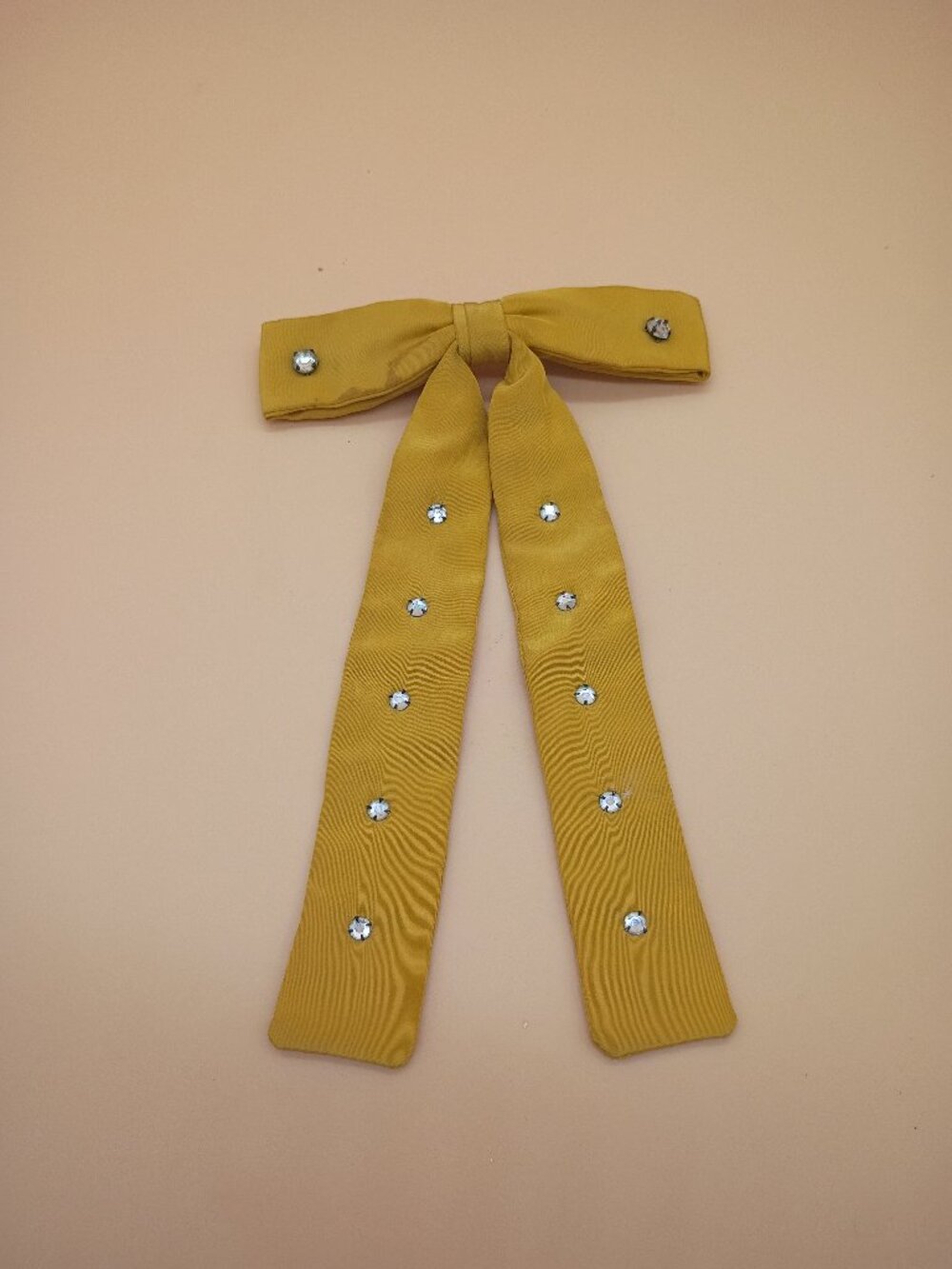Vintage Women's Clip-on Bow Tie Yellow Rhinestone Ribbon Country Rockabilly 60s